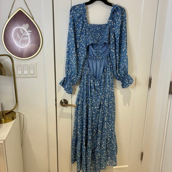 Moon River Blue Floral Cut Out Chiffon Midi Dress Small - Picture 9 of 11
